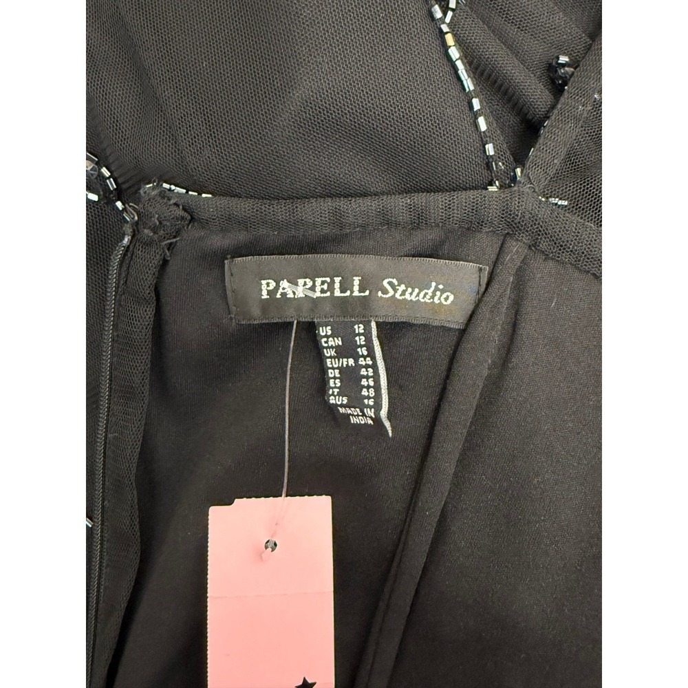Papell Studio Beaded Sheath Dress Women L Black Excellent Keyhole Mesh Cocktail - Picture 5 of 6